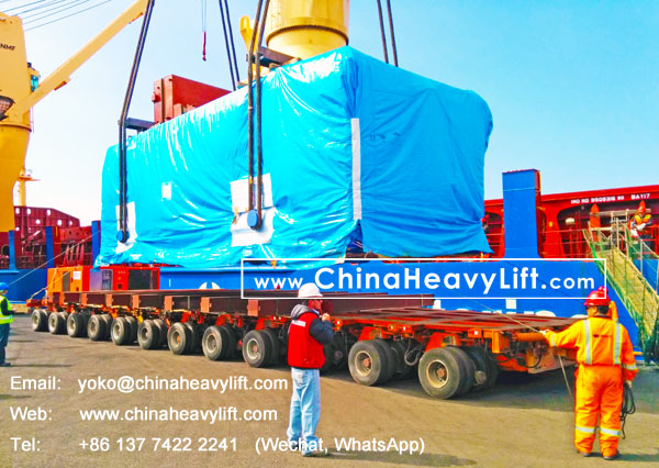 CHINA HEAVY LIFT manufacture 18 axle lines Self propelled modular trailer SPMT 3 file side by side transport 350 ton Turbine in Chile South America, www.chinaheavylift.com