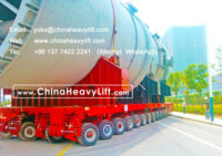 24 axle lines Self-propelled Modular Transporters SPMT side by side successfully transport 500 ton Evaporator reactor