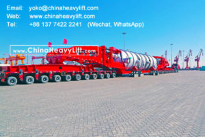500 ton methanol synthesis reactor tower by Chinaheavylift High-Girder Bridge and 27 axle lines Modular Trailers