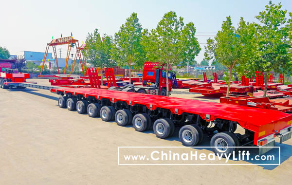 10 axle Extendable lowloader Semi-Trailer with hydraulic suspension and Knuckle steering, www.chinaheavylift.com