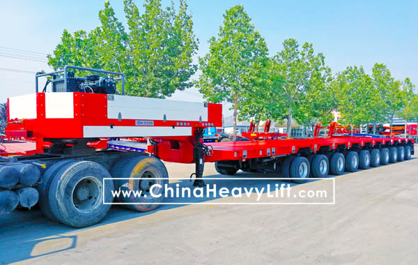 10 axle Extendable lowloader Semi-Trailer with hydraulic suspension and Knuckle steering, www.chinaheavylift.com