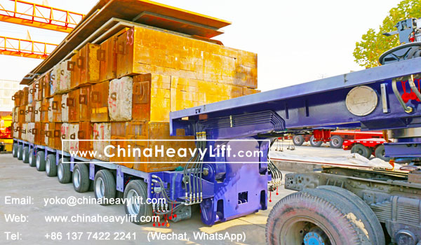 CHINA HEAVY LIFT 10 axle lines Modular Trailer hydraulic multi axle heavy loading test 450 ton in factory, total 20 axle lines compatible Goldhofer for Mid-East heavy transport company, www.chinaheavylift.com