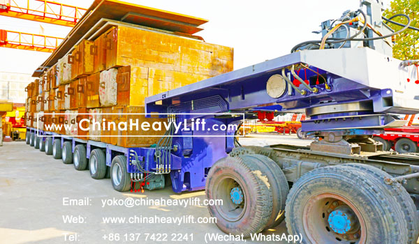 CHINA HEAVY LIFT 10 axle lines Modular Trailer hydraulic multi axle heavy loading test 450 ton in factory, total 20 axle lines compatible Goldhofer for Mid-East heavy transport company, www.chinaheavylift.com