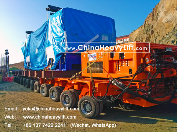 CHINA HEAVY LIFT manufacture 18 axle lines Self propelled modular trailer SPMT 3 file side by side transport 350 ton Turbine in Chile South America, www.chinaheavylift.com