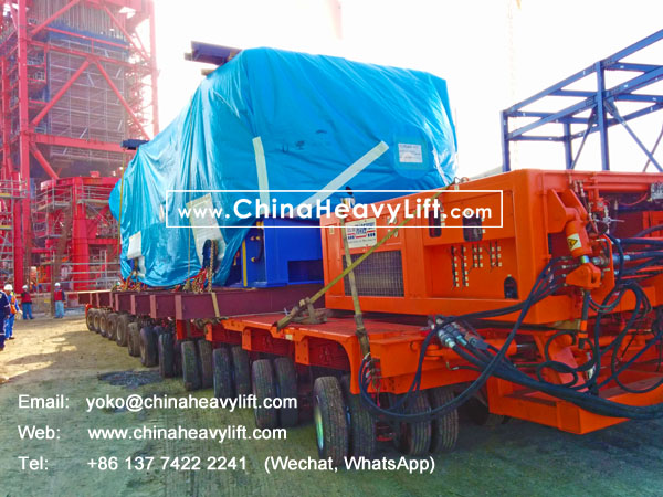 CHINA HEAVY LIFT manufacture 18 axle lines Self propelled modular trailer SPMT 3 file side by side transport 350 ton Turbine in Chile South America, www.chinaheavylift.com