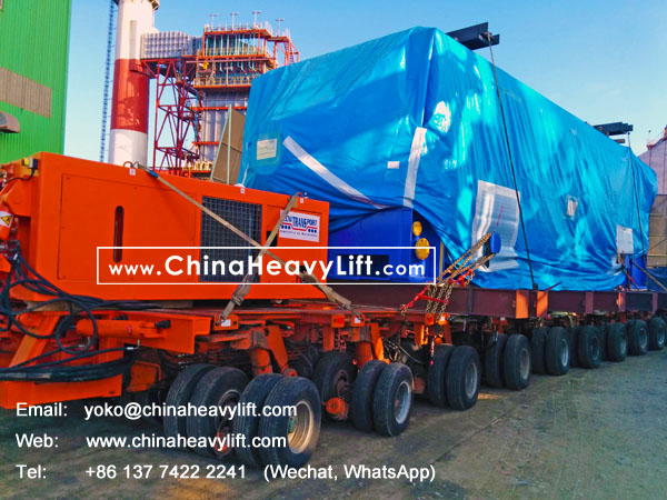 CHINA HEAVY LIFT manufacture 18 axle lines Self propelled modular trailer SPMT 3 file side by side transport 350 ton Turbine in Chile South America, www.chinaheavylift.com