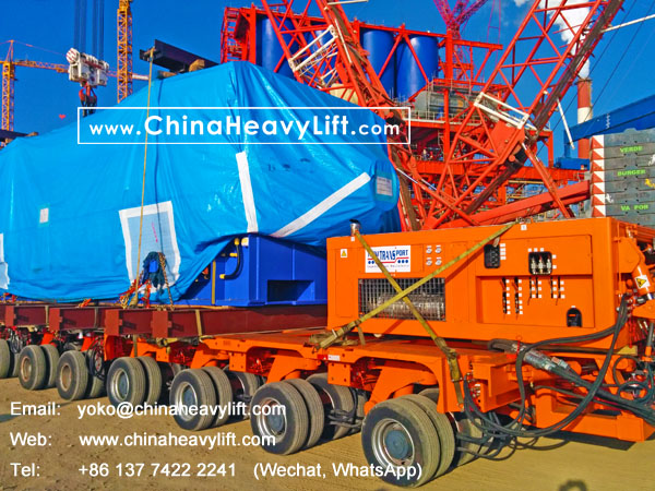 CHINA HEAVY LIFT manufacture 18 axle lines Self propelled modular trailer SPMT 3 file side by side transport 350 ton Turbine in Chile South America, www.chinaheavylift.com