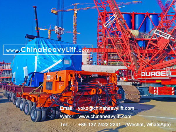 CHINA HEAVY LIFT manufacture 18 axle lines Self propelled modular trailer SPMT 3 file side by side transport 350 ton Turbine in Chile South America, www.chinaheavylift.com