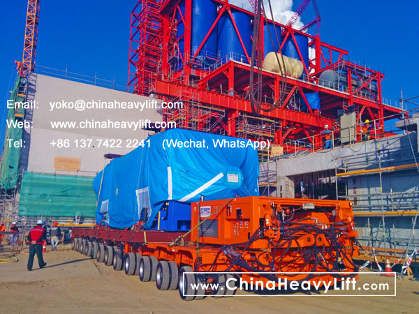 CHINA HEAVY LIFT manufacture 18 axle lines Self propelled modular trailer SPMT 3 file side by side transport 350 ton Turbine in Chile South America, www.chinaheavylift.com