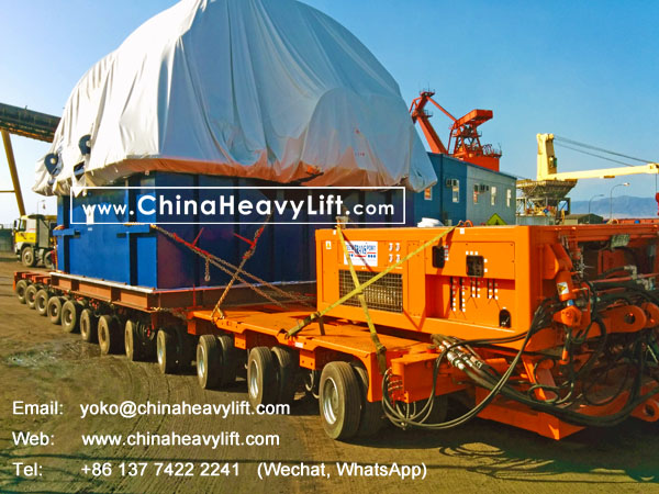 CHINA HEAVY LIFT manufacture 18 axle lines Self propelled modular trailer SPMT 3 file side by side transport 350 ton Turbine in Chile South America, www.chinaheavylift.com