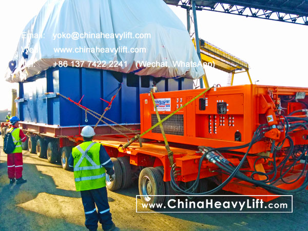 CHINA HEAVY LIFT manufacture 18 axle lines Self propelled modular trailer SPMT 3 file side by side transport 350 ton Turbine in Chile South America, www.chinaheavylift.com