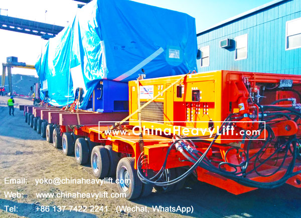 CHINA HEAVY LIFT manufacture 18 axle lines Self propelled modular trailer SPMT 3 file side by side transport 350 ton Turbine in Chile South America, www.chinaheavylift.com