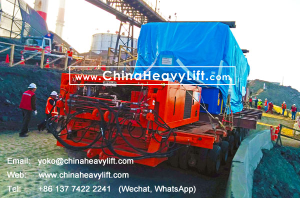 CHINA HEAVY LIFT manufacture 18 axle lines Self propelled modular trailer SPMT 3 file side by side transport 350 ton Turbine in Chile South America, www.chinaheavylift.com