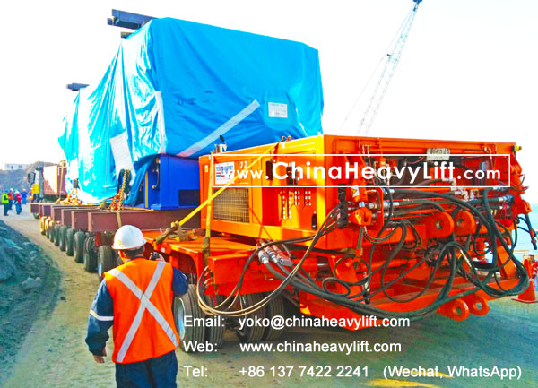 CHINA HEAVY LIFT manufacture 18 axle lines Self propelled modular trailer SPMT 3 file side by side transport 350 ton Turbine in Chile South America, www.chinaheavylift.com