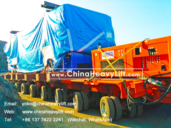 CHINA HEAVY LIFT manufacture 18 axle lines Self propelled modular trailer SPMT 3 file side by side transport 350 ton Turbine in Chile South America, www.chinaheavylift.com