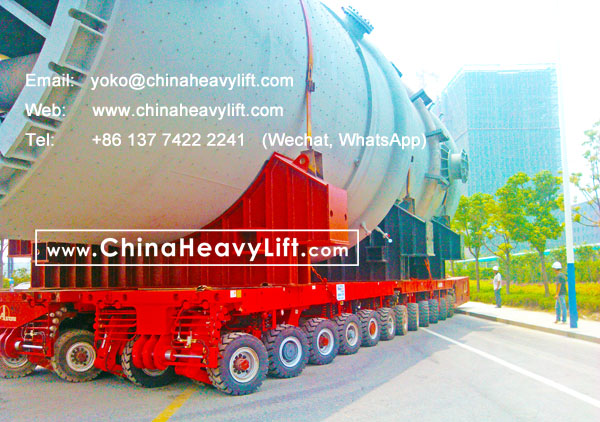 CHINA HEAVY LIFT manufacture 24 axle lines Self-propelled Modular Transporters SPMT side by side successfully transport 500 ton Evaporator reactor, www.chinaheavylift.com