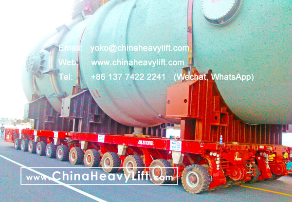 CHINA HEAVY LIFT manufacture 24 axle lines Self-propelled Modular Transporters SPMT side by side successfully transport 500 ton Evaporator reactor, www.chinaheavylift.com