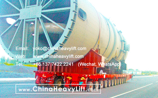 CHINA HEAVY LIFT manufacture 24 axle lines Self-propelled Modular Transporters SPMT side by side successfully transport 500 ton Evaporator reactor, www.chinaheavylift.com