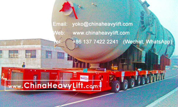 CHINA HEAVY LIFT manufacture 24 axle lines Self-propelled Modular Transporters SPMT side by side successfully transport 500 ton Evaporator reactor, www.chinaheavylift.com