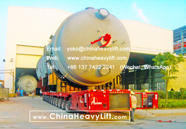 CHINA HEAVY LIFT manufacture 24 axle lines Self-propelled Modular Transporters SPMT side by side successfully transport 500 ton Evaporator reactor, www.chinaheavylift.com