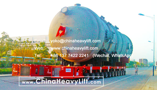 CHINA HEAVY LIFT manufacture 24 axle lines Self-propelled Modular Transporters SPMT side by side successfully transport 500 ton Evaporator reactor, www.chinaheavylift.com