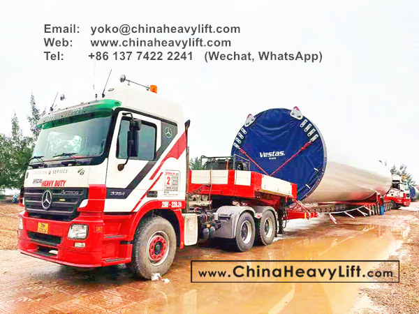 CHINA HEAVY LIFT manufacture 10 axle Extendable Hydraulic Lowbed Trailer for Wind Tower Section transportation in Vietnam, www.chinaheavylift.com