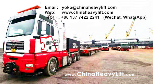 CHINA HEAVY LIFT manufacture 10 axle Extendable Hydraulic Lowbed Trailer for Wind Tower Section transportation in Vietnam, www.chinaheavylift.com