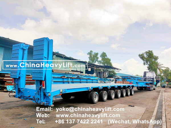 CHINA HEAVY LIFT manufacture 2 units 7 axle extendable hydraulic lowbed trailer with hydraulic ramp for Truck Crane transportation in Malaysia, www.chinaheavylift.com