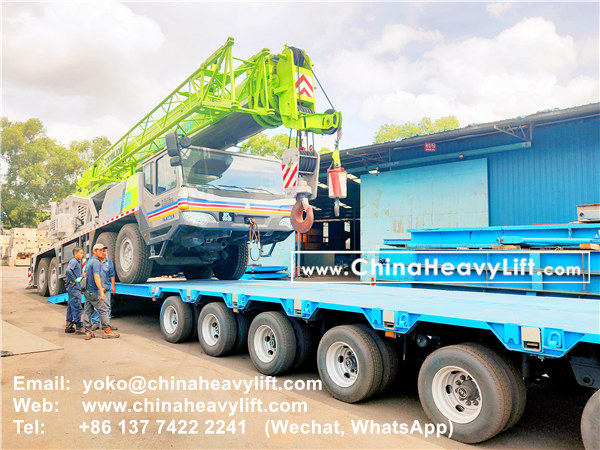 CHINA HEAVY LIFT manufacture 2 units 7 axle extendable hydraulic lowbed trailer with hydraulic ramp for Truck Crane transportation in Malaysia, www.chinaheavylift.com