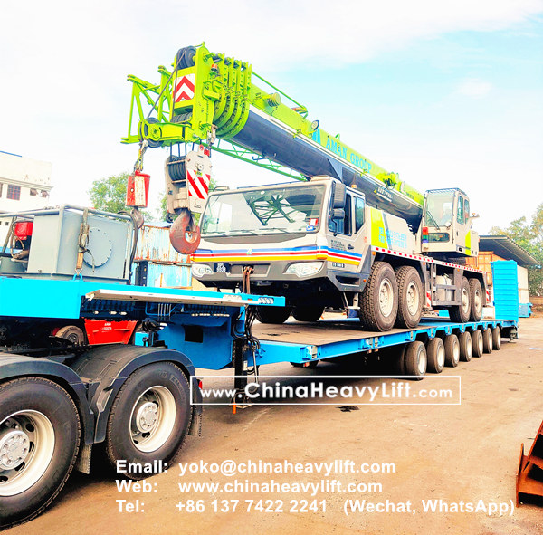 CHINA HEAVY LIFT manufacture 2 units 7 axle extendable hydraulic lowbed trailer with hydraulic ramp for Truck Crane transportation in Malaysia, www.chinaheavylift.com