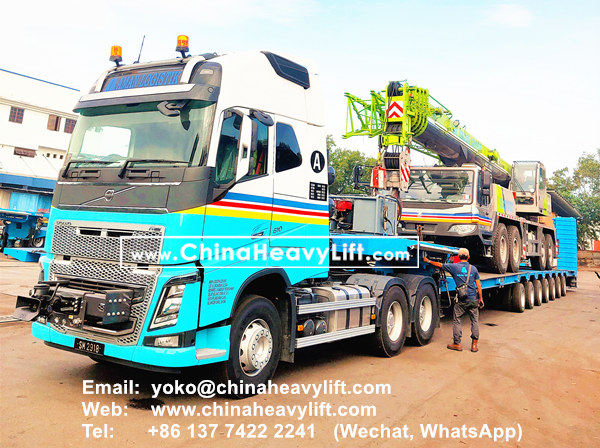 CHINA HEAVY LIFT manufacture 2 units 7 axle extendable hydraulic lowbed trailer with hydraulic ramp for Truck Crane transportation in Malaysia, www.chinaheavylift.com