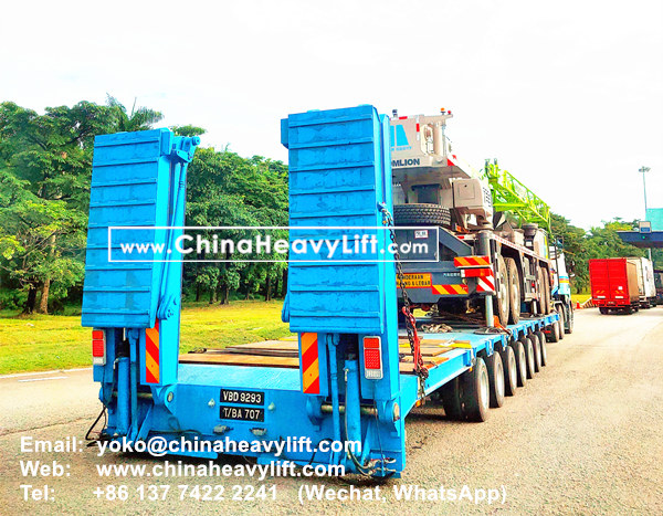 CHINA HEAVY LIFT manufacture 2 units 7 axle extendable hydraulic lowbed trailer with hydraulic ramp for Truck Crane transportation in Malaysia, www.chinaheavylift.com