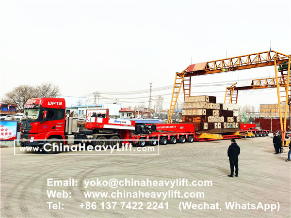 CHINA HEAVY LIFT Loading test 400 ton Drop Deck with Spread Loading Beam with Gooseneck and 13 axle lines Modular Trailer compatible Goldhofer THP/SL, www.chinaheavylift.com