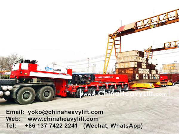 CHINA HEAVY LIFT Loading test 400 ton Drop Deck with Spread Loading Beam with Gooseneck and 13 axle lines Modular Trailer compatible Goldhofer THP/SL, www.chinaheavylift.com