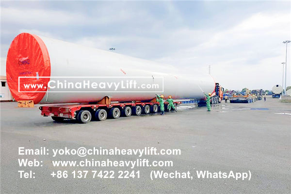 CHINA HEAVY LIFT manufacture 10 axle Hydraulic Lowbed Trailer for Wind Tower Section transportation in Haiphong Vietnam, www.chinaheavylift.com