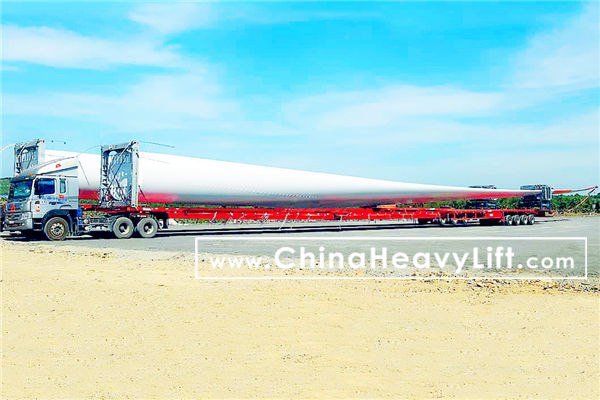 CHINA HEAVY LIFT manufacture Telescopic Extendable wind turbine blade trailer, www.chinaheavylift.com