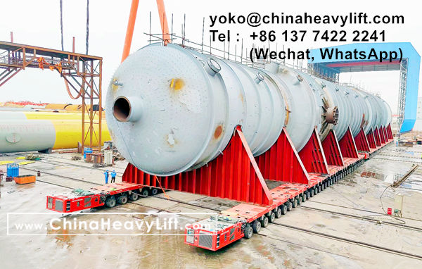 CHINA HEAVY LIFT manufacture 152 axle lines SPMT self propelled modular transporters to transport 4,800 ton Raffinate Tower, www.chinaheavylift.com