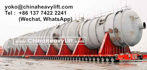 CHINA HEAVY LIFT manufacture 152 axle lines SPMT self propelled modular transporters to transport 4,800 ton Raffinate Tower, www.chinaheavylift.com