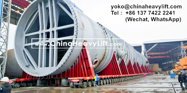 CHINA HEAVY LIFT manufacture 152 axle lines SPMT self propelled modular transporters to transport 4,800 ton Raffinate Tower, www.chinaheavylift.com