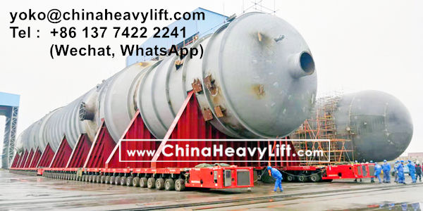 CHINA HEAVY LIFT manufacture 152 axle lines SPMT self propelled modular transporters to transport 4,800 ton Raffinate Tower, www.chinaheavylift.com