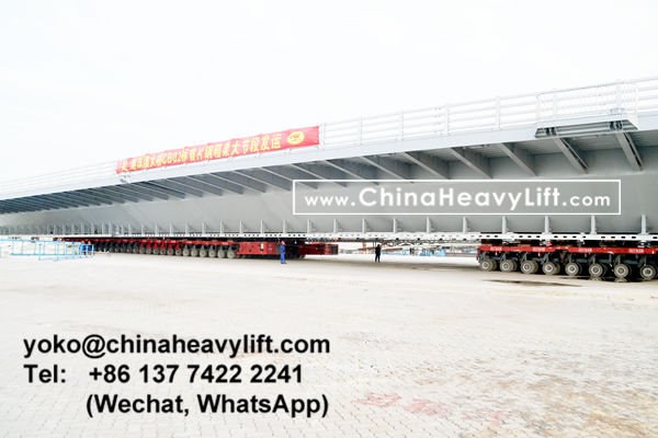 CHINA HEAVY LIFT manufacture 100 axle axle line SPMT Self-propelled Modular Transporters compatible Scheuerle SPMT assist 3200 ton Hong Kong-Zhuhai-Macao giant bridge section RORO on barge, www.chinaheavylift.com