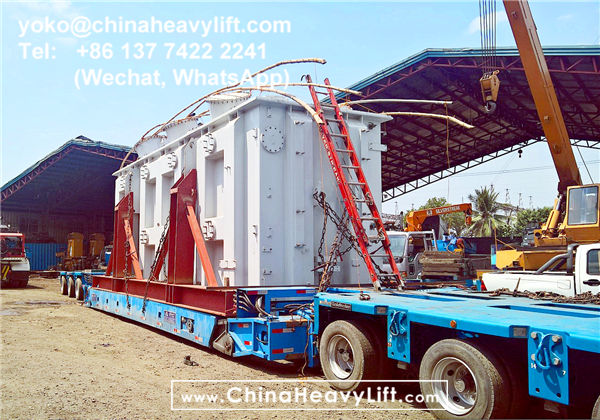 CHINA HEAVY LIFT manufacture 8 axle line split THP/SL modular trailer, 140 ton extendable Vessel Bridge, Gooseneck, compatible Goldhofer heavy duty modules to Manila Philippines, www.chinaheavylift.com